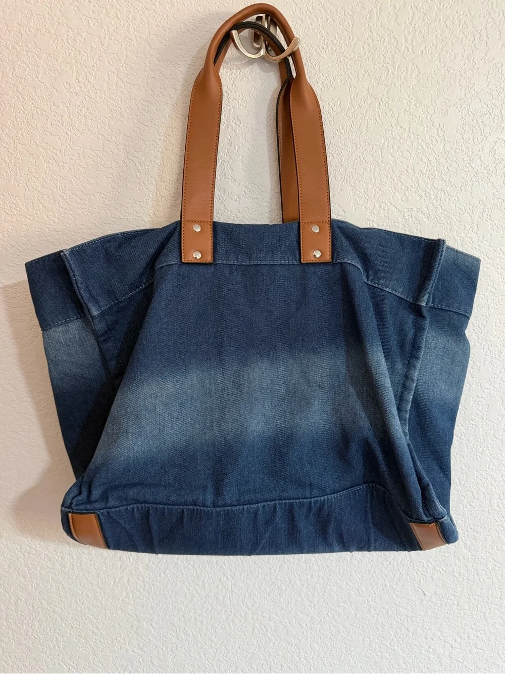 True Religion Denim Tote Bag in Blue with Tan Handles